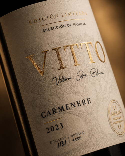 Detalle etiqueta Vitto Carmenere 2023 numerada a mano
