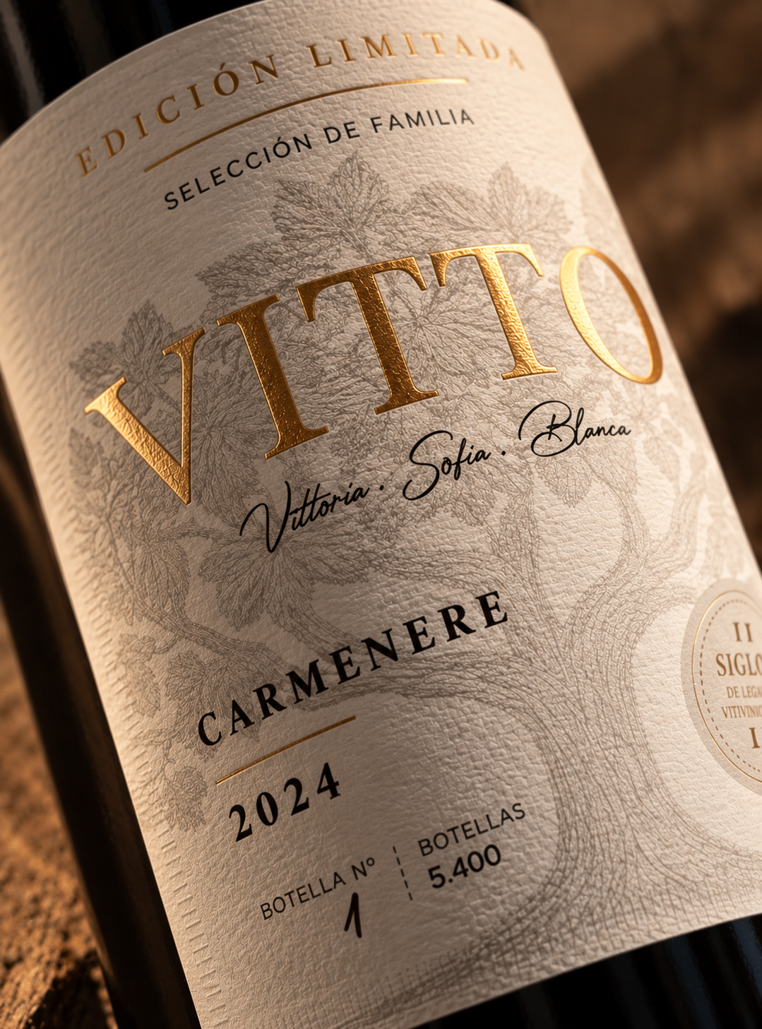 Etiqueta de Vitto Carmenere 2024 con el número de botella escrito a mano